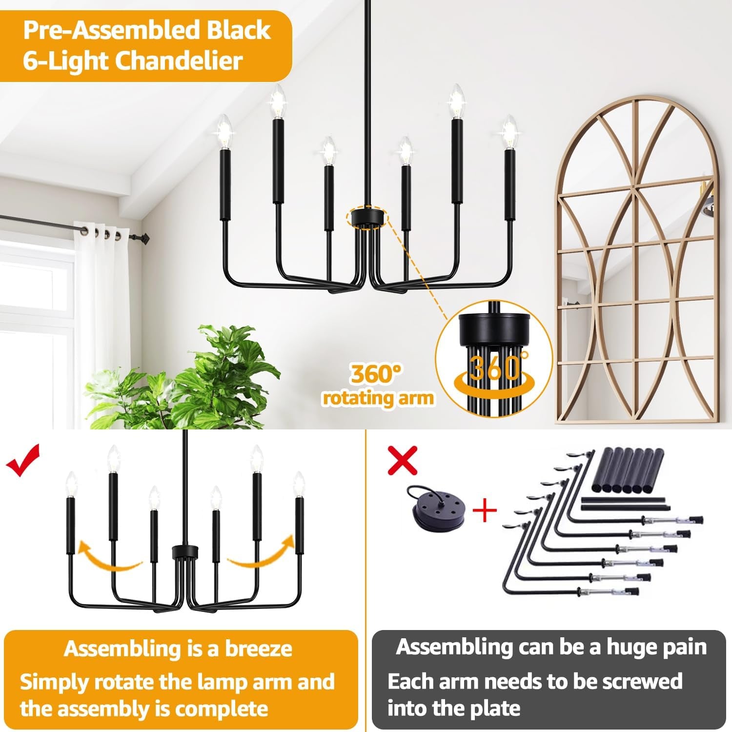 Black Chandelier, 6-Light Farmhouse Chandelier for Dining Room