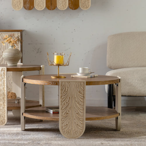 Carved Wooden Coffee Table, Retro End Table With Double-Layer Storage,