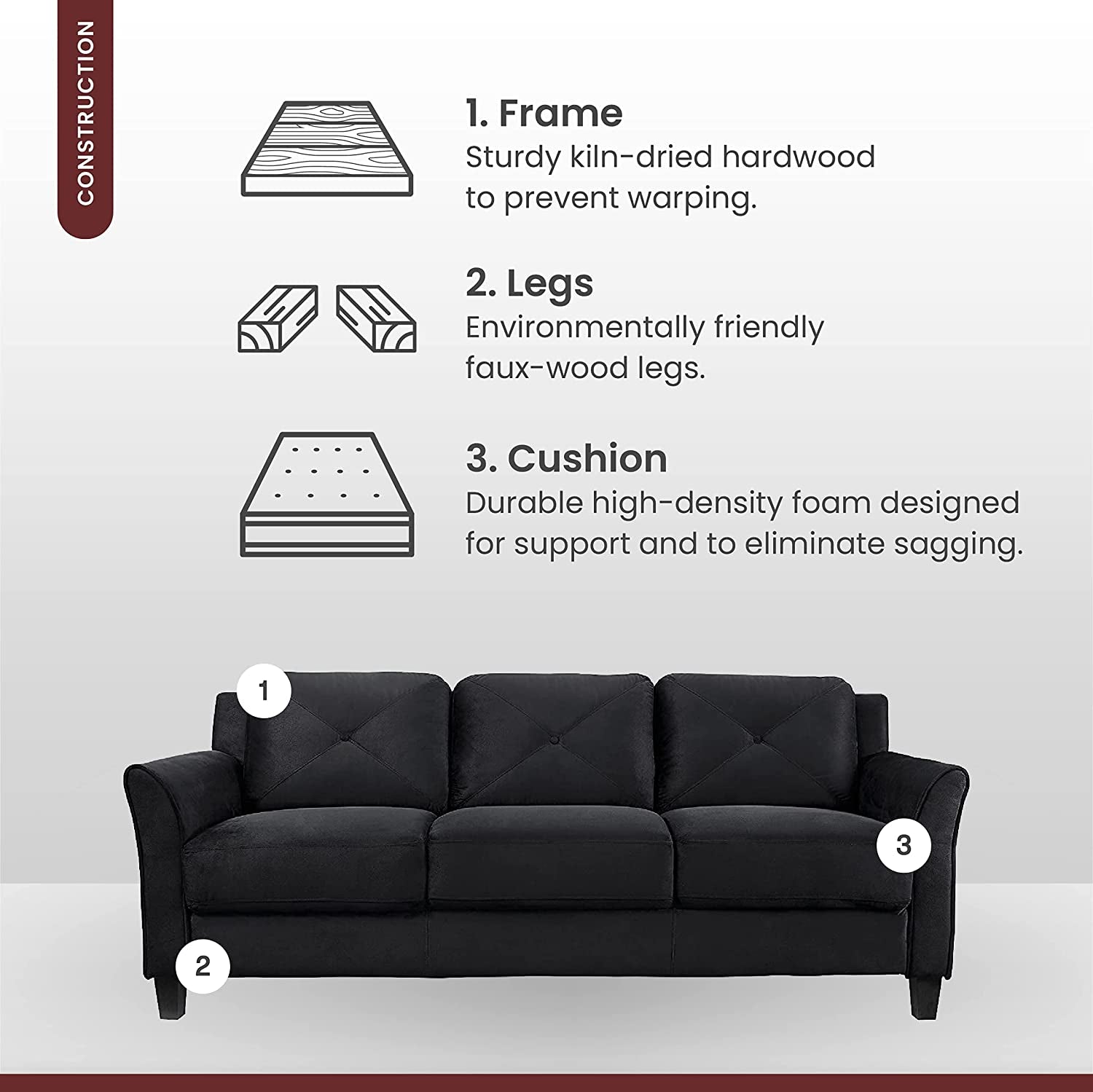 Grayson Sofa Black Button Tufted Rolled Arm Living Room