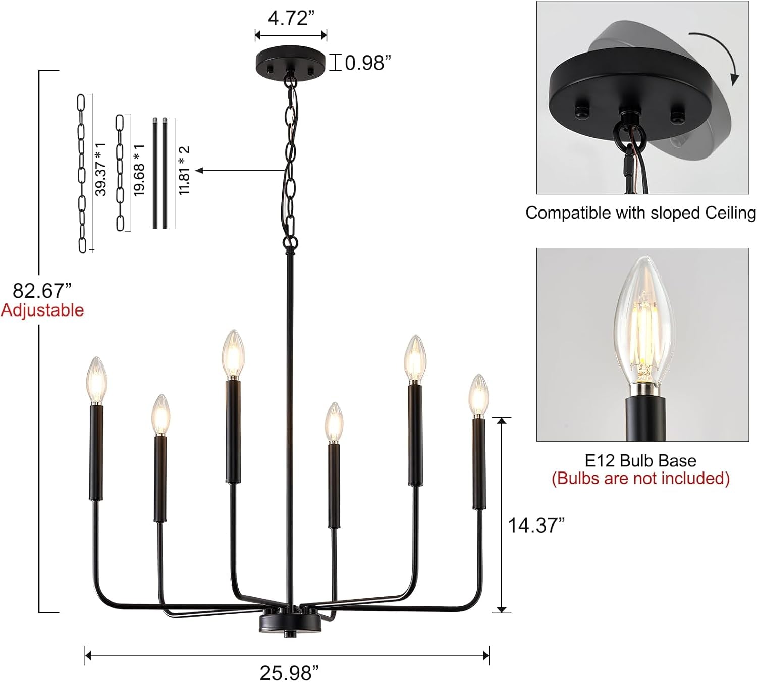 Modern Black Chandelier for Dining Room,Metal 6-Light Kitchen Light