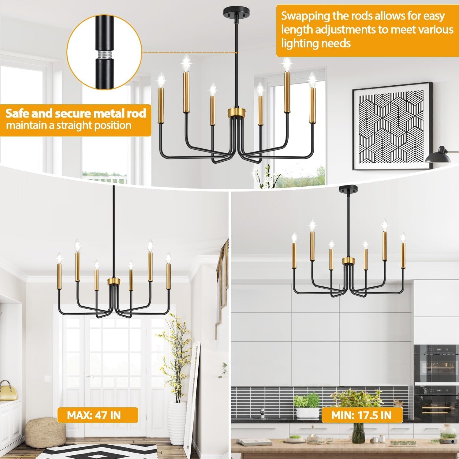 Black and Gold Chandelier, 6-Light Farmhouse Chandelier for Dining