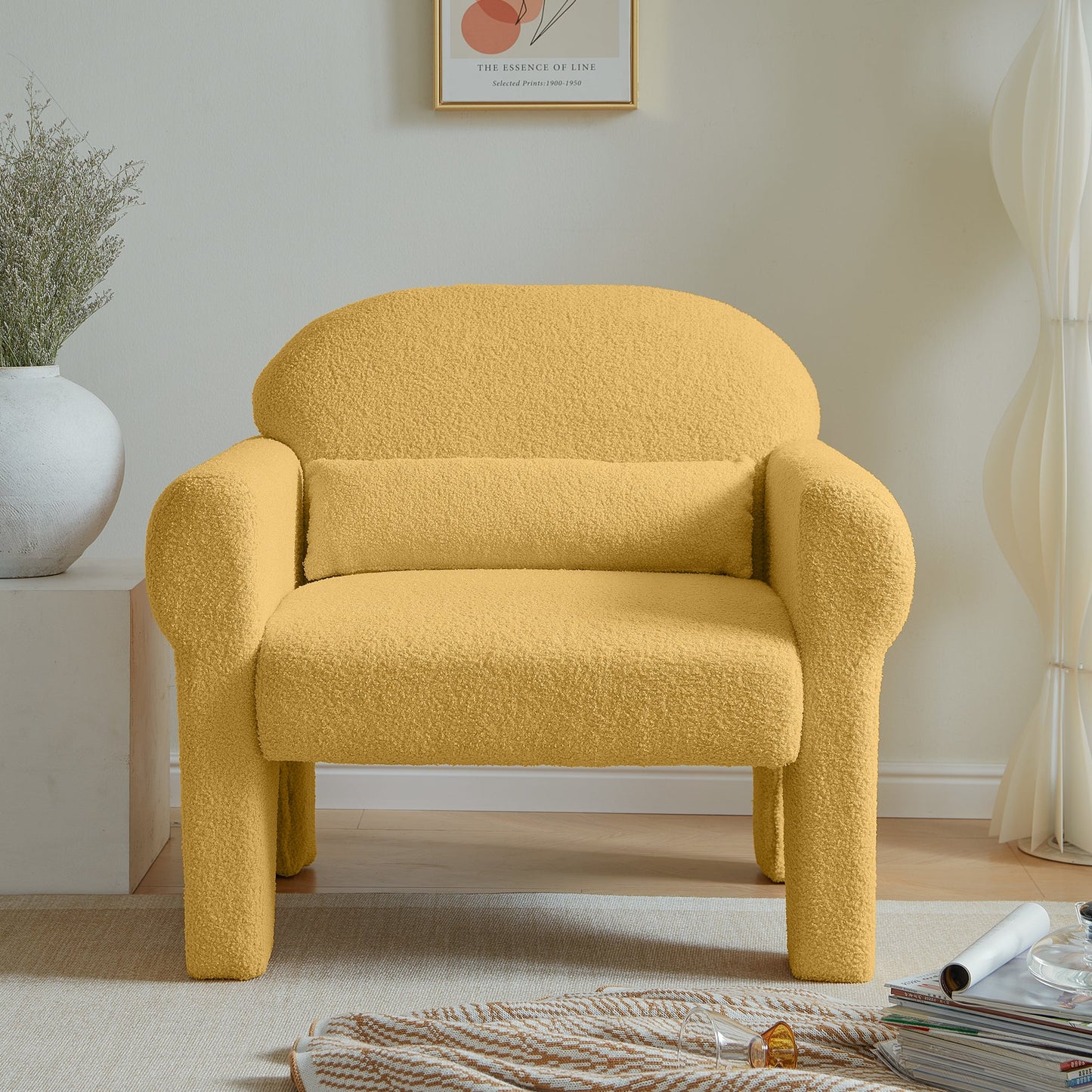 modern boucle accent chair with lumbar pillow for living room