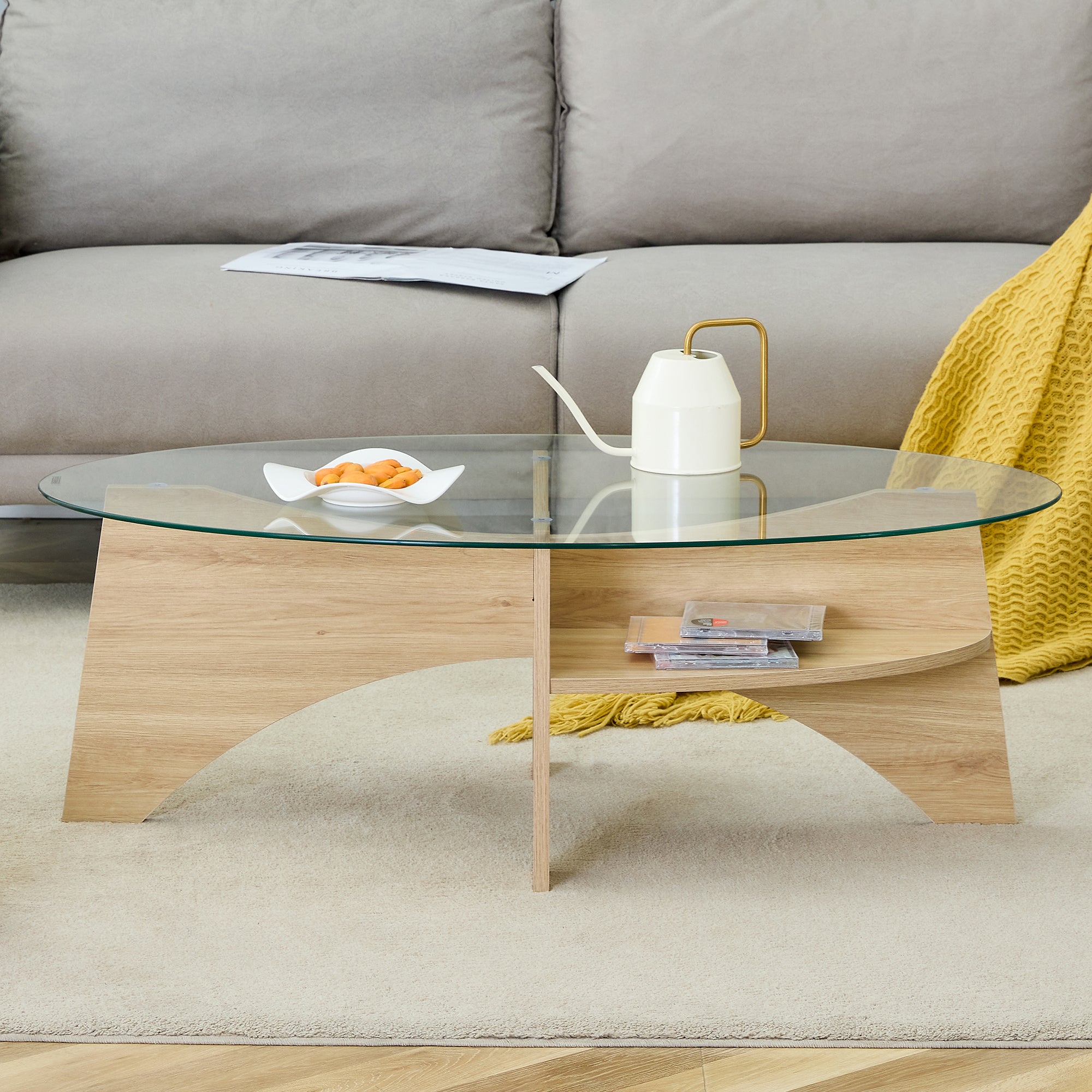 Oval Glass Coffee Table – 41.3" Modern Tempered Glass Table,