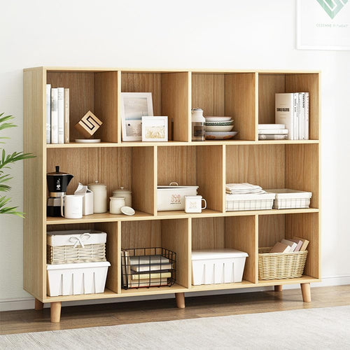 Open Cube Low Bookcase 3 Tier Freestanding Oak Finish