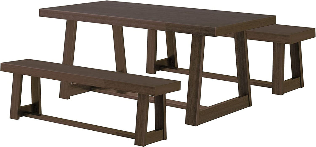 Farmhouse Solid Wood Dining Table Set with 2 Benches, Walnut