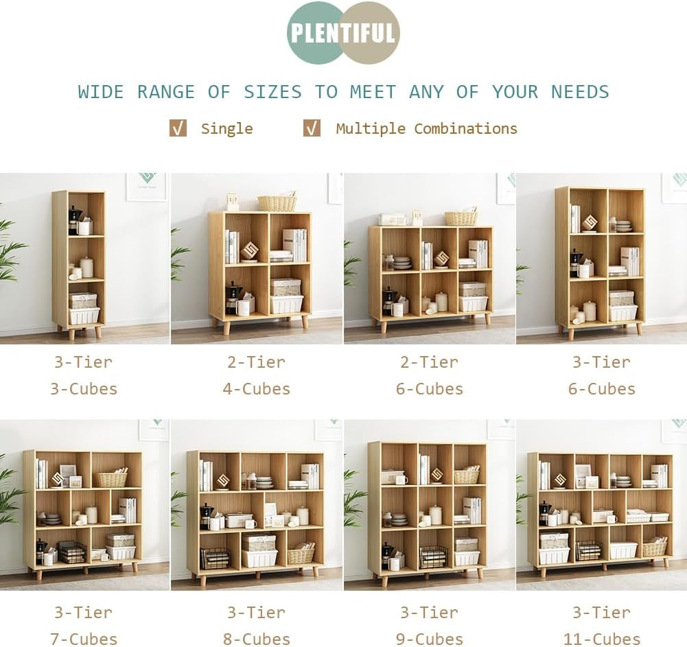 Open Cube Low Bookcase 3 Tier Freestanding Oak Finish