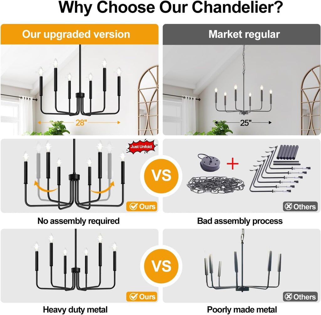 Black Chandelier, 6-Light Farmhouse Chandelier for Dining Room