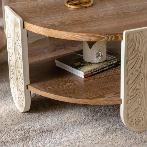 Carved Wooden Coffee Table, Retro End Table With Double-Layer Storage,