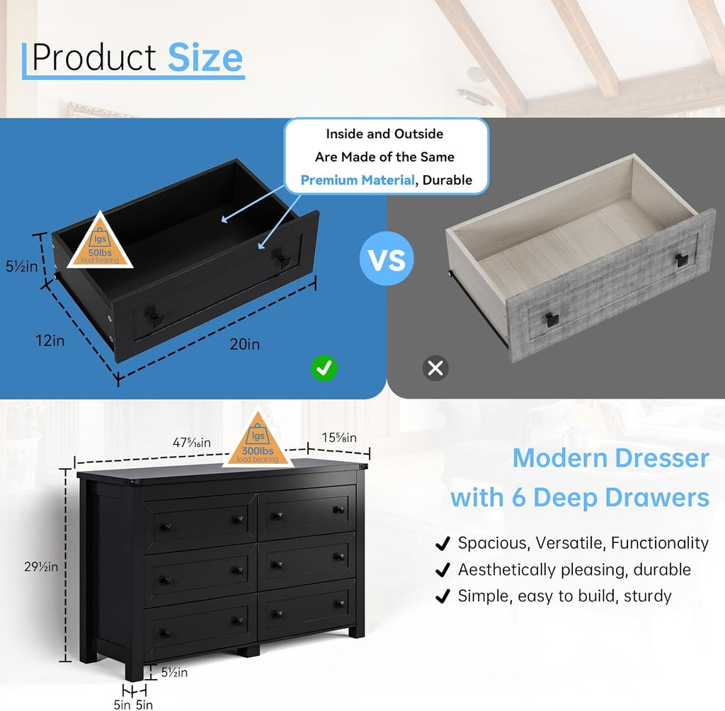 Black Dresser for Bedroom with 6 Drawers, Modern Chest of Drawers,