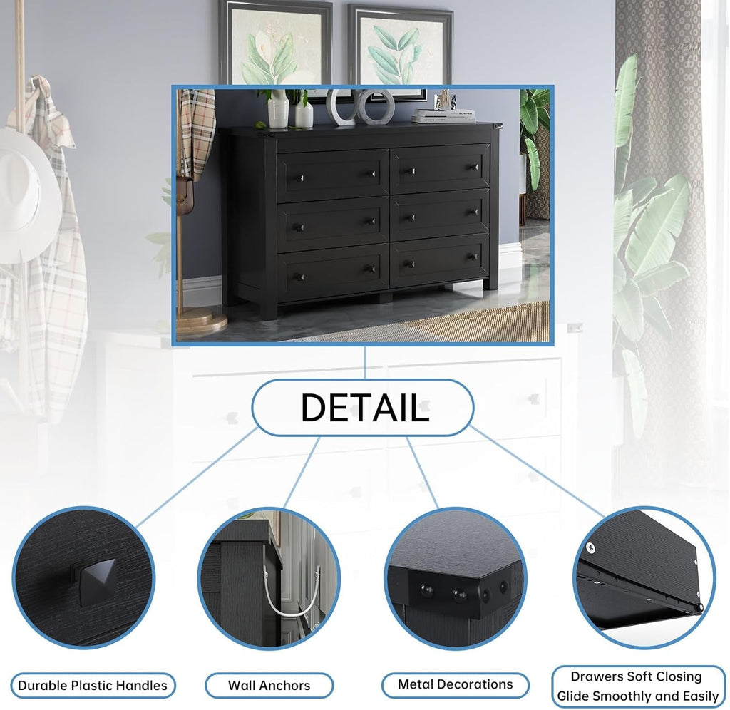 Black Dresser for Bedroom with 6 Drawers, Modern Chest of Drawers,