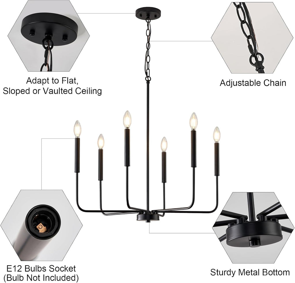 Modern Black Chandelier for Dining Room,Metal 6-Light Kitchen Light