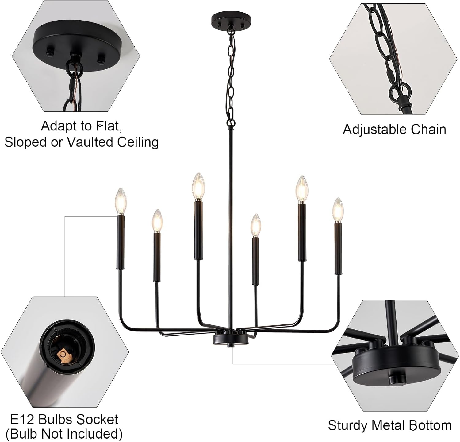 Modern Black Chandelier for Dining Room,Metal 6-Light Kitchen Light