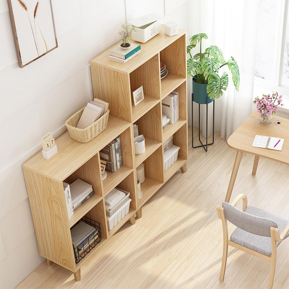 Open Cube Low Bookcase 3 Tier Freestanding Oak Finish