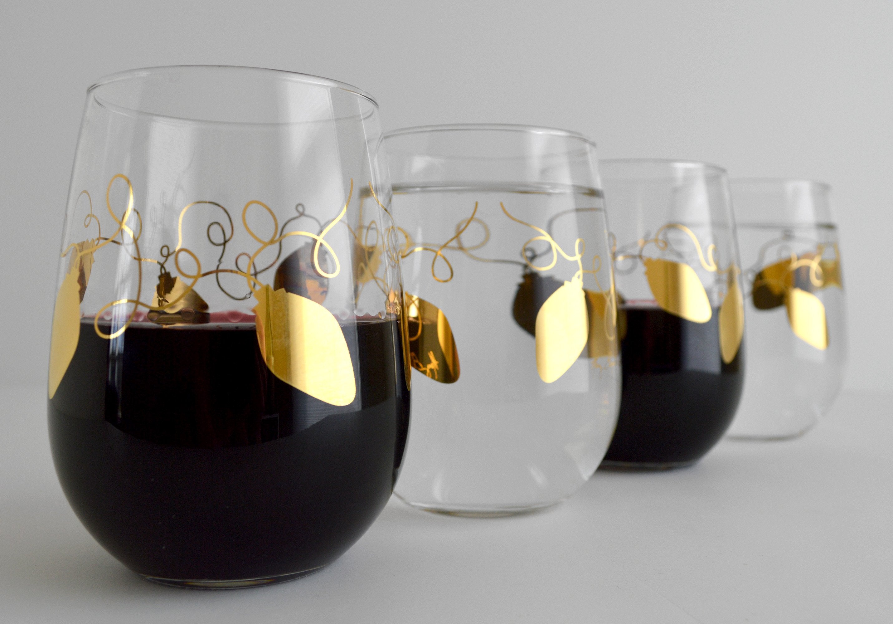 Metallic Gold Retro Christmas Lights Stemless Wine