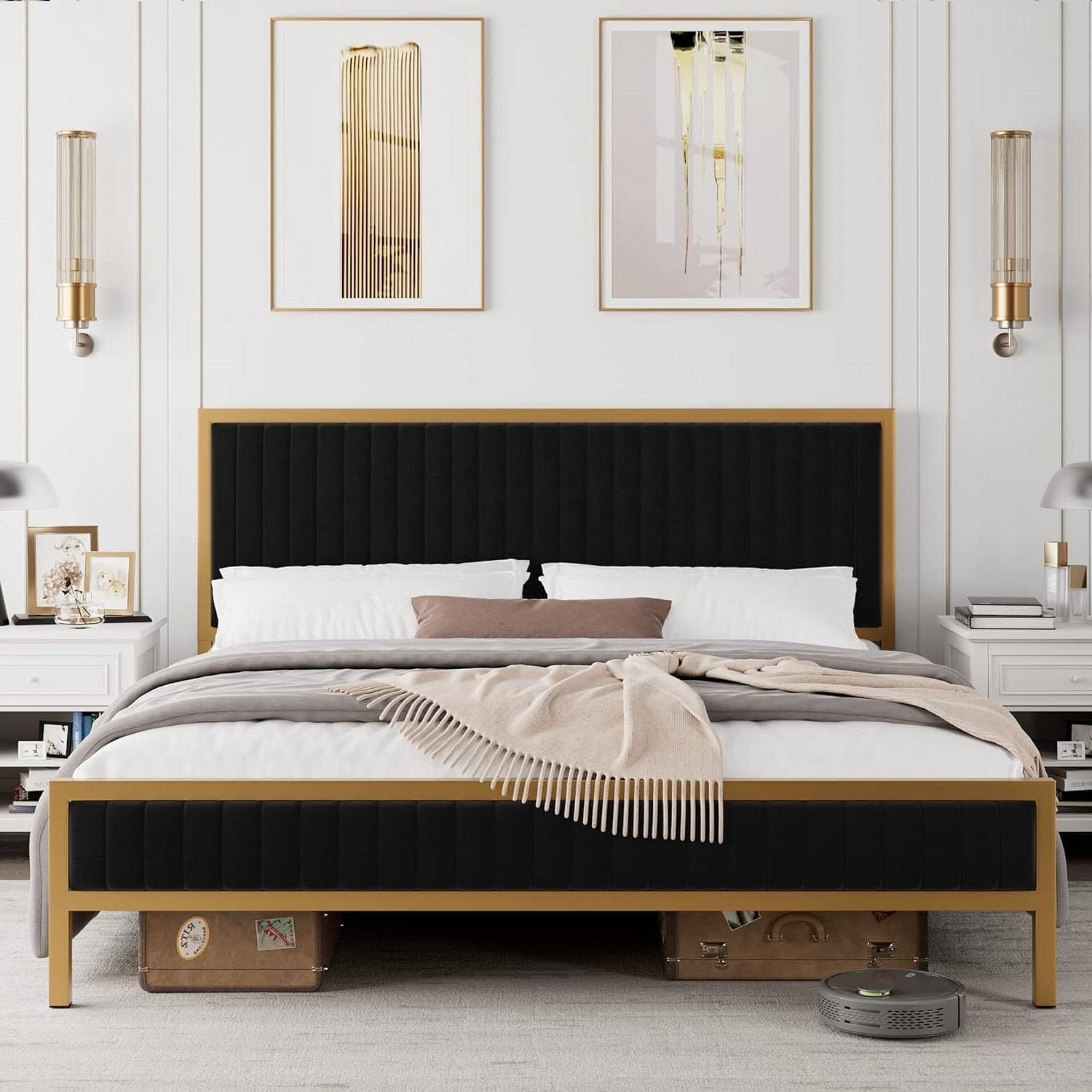 King size Gold Metal Platform Bed Frame with Black Velvet Upholstered