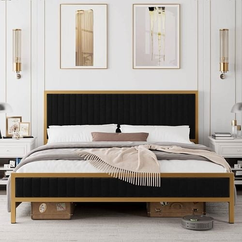 King size Gold Metal Platform Bed Frame with Black Velvet Upholstered