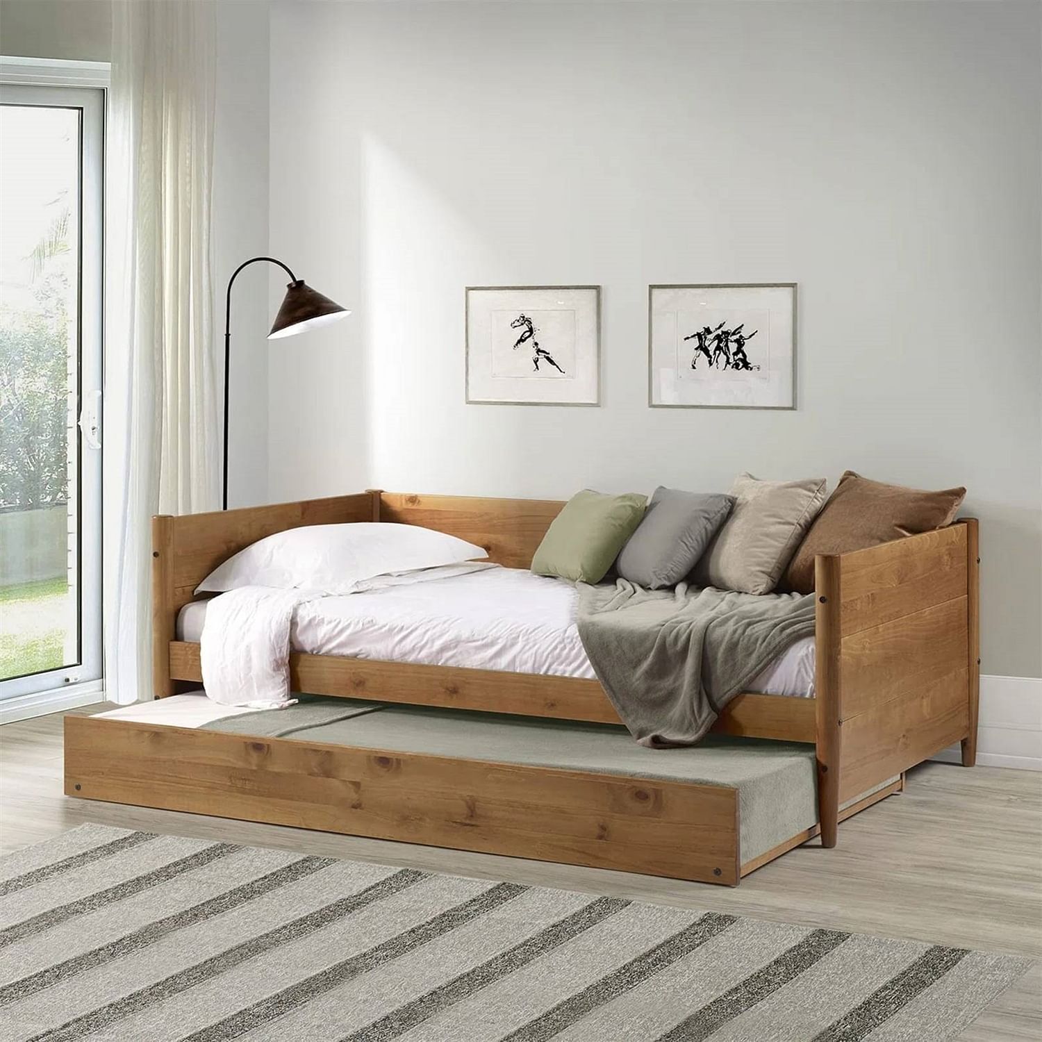 Twin size Solid Wood Daybed with Roll Out Trundle Bed Frame in Medium