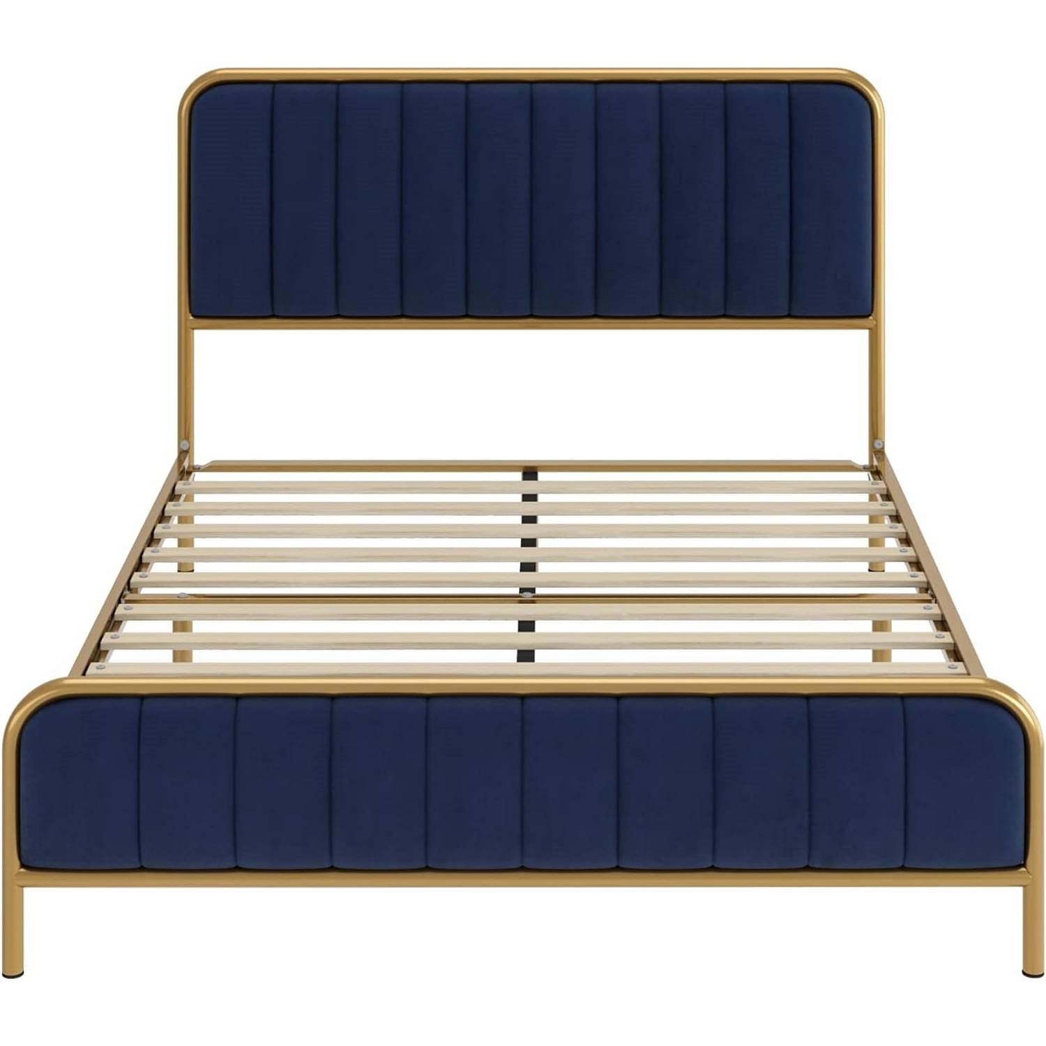 Full Gold Metal Platform Bed Frame with Navy Blue Velvet Upholstered