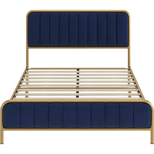 Full Gold Metal Platform Bed Frame with Navy Blue Velvet Upholstered