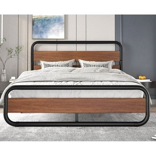 Full Heavy Duty Industrial Modern Metal Wood Platform Bed Frame with
