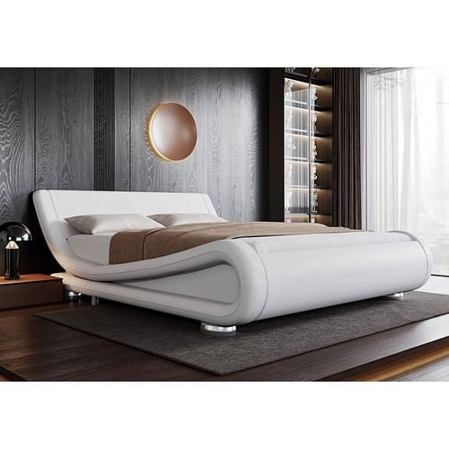 Full Modern White Upholstered Platform Bed Frame with Sleigh Curved