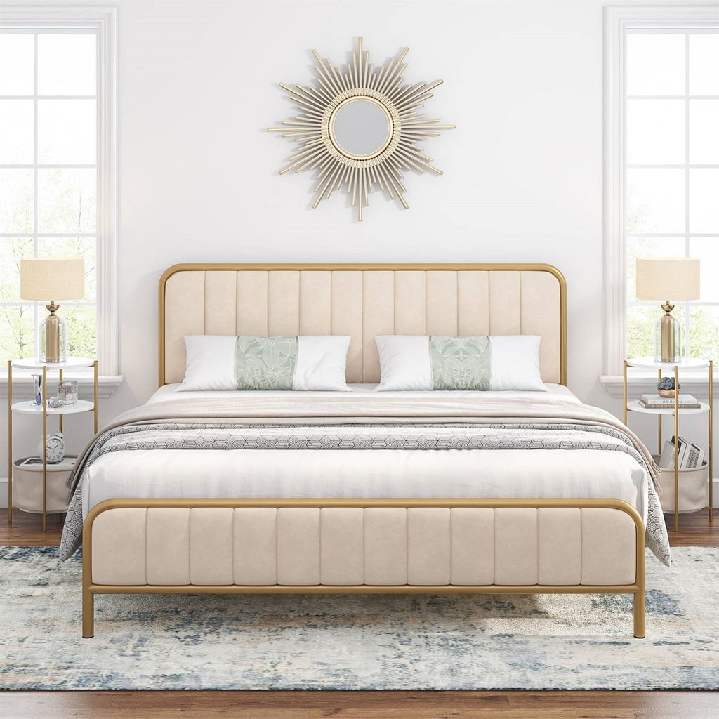 King size Gold Metal Platform Bed Frame with Off-White Upholstered