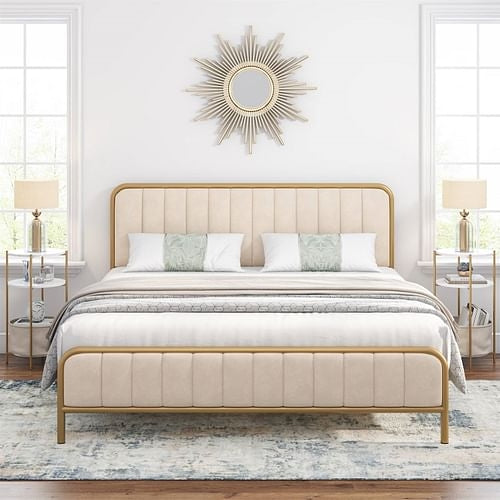 King size Gold Metal Platform Bed Frame with Off-White Upholstered