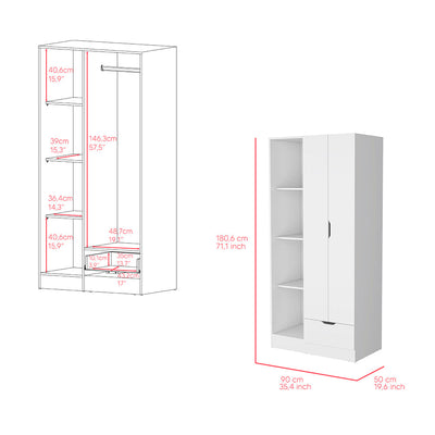 Armoire Dover with Four Storage Shelves, Drawer and Double Door, White