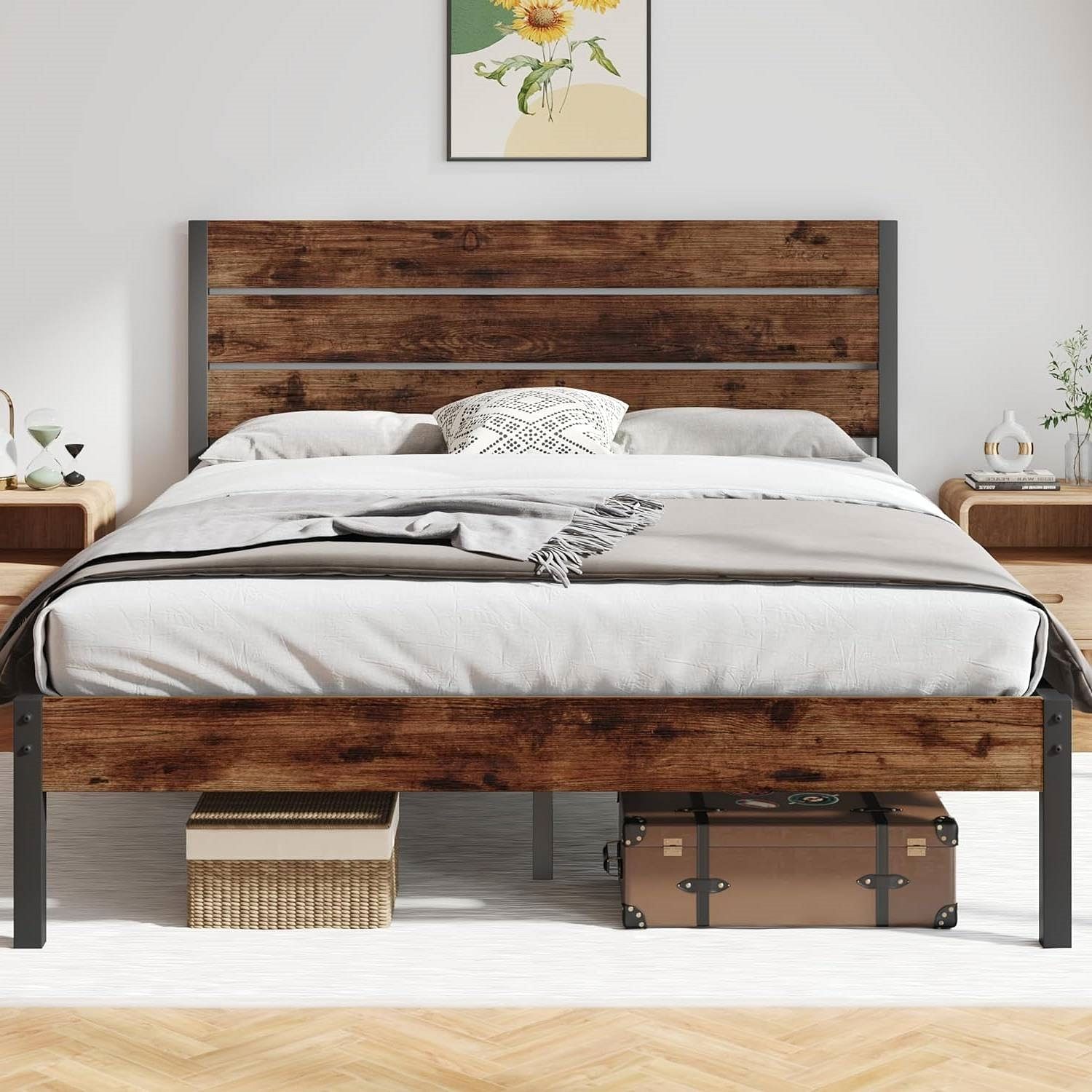 Queen size Modern Farmhouse Metal Platform Bed Frame with Brown Wood