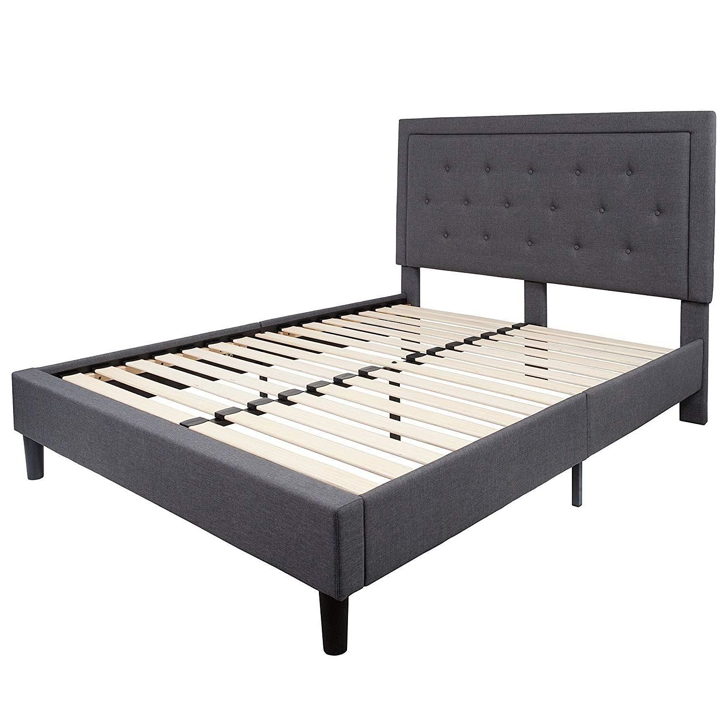 Queen size Dark Gray Fabric Upholstered Platform Bed Frame with