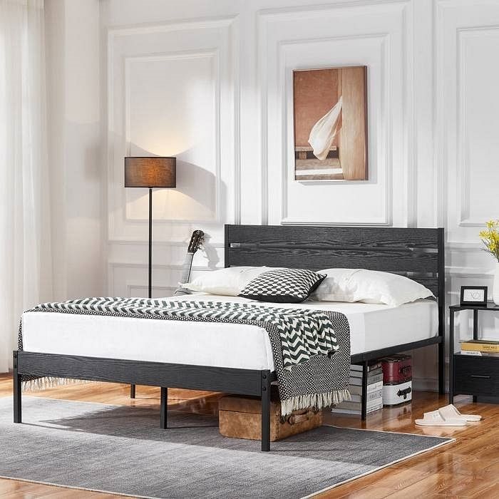 Queen size Industrial Platform Bed Frame with Wood Slatted Headboard