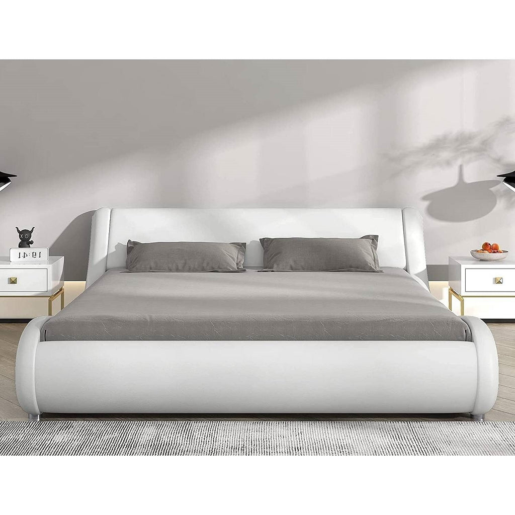 Queen Modern White Faux Leather Upholstered Platform Bed Frame with