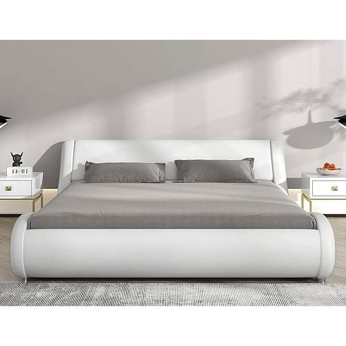 Queen Modern White Faux Leather Upholstered Platform Bed Frame with