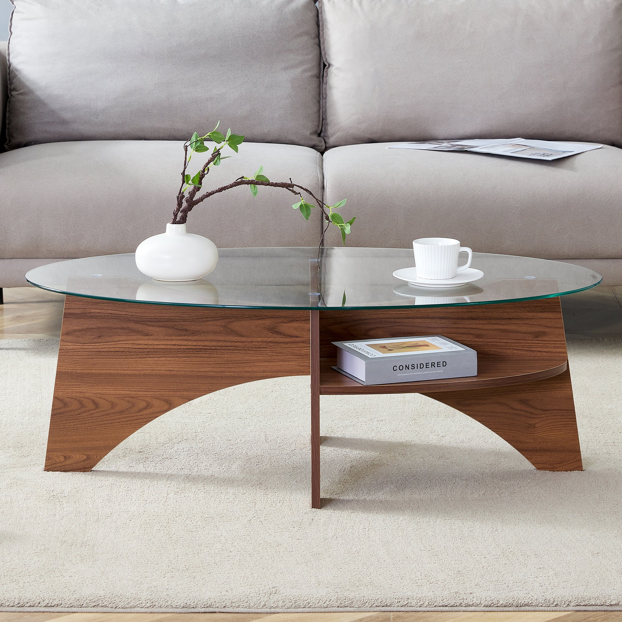 Oval Glass Coffee Table – 41.3" Modern Tempered Glass Table,