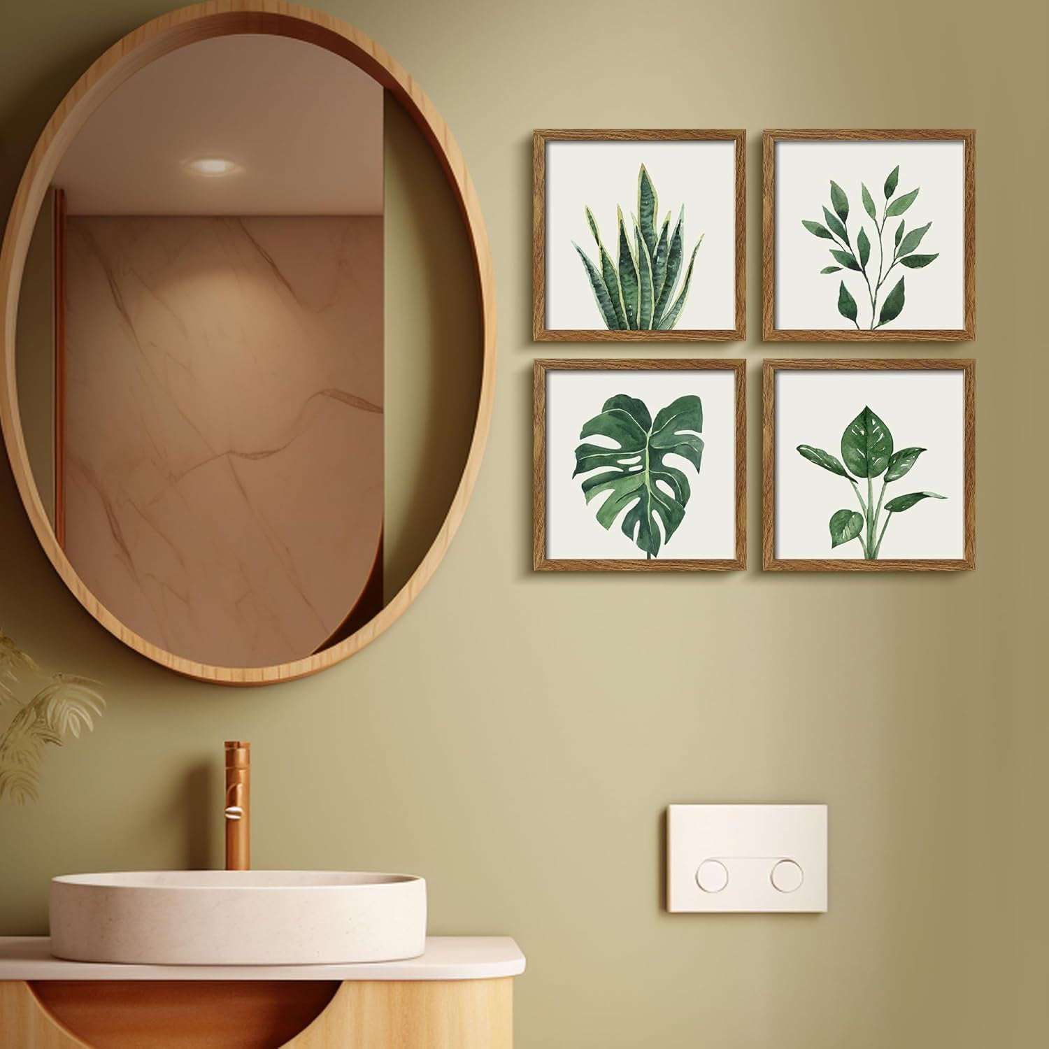 Botanical Bathroom Wall Art Green Plant Framed Set