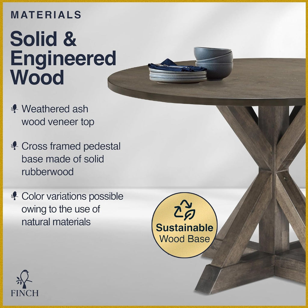 Alfred Round Solid Wood Rustic Dining Table 46.5 Inch Diameter Trestle