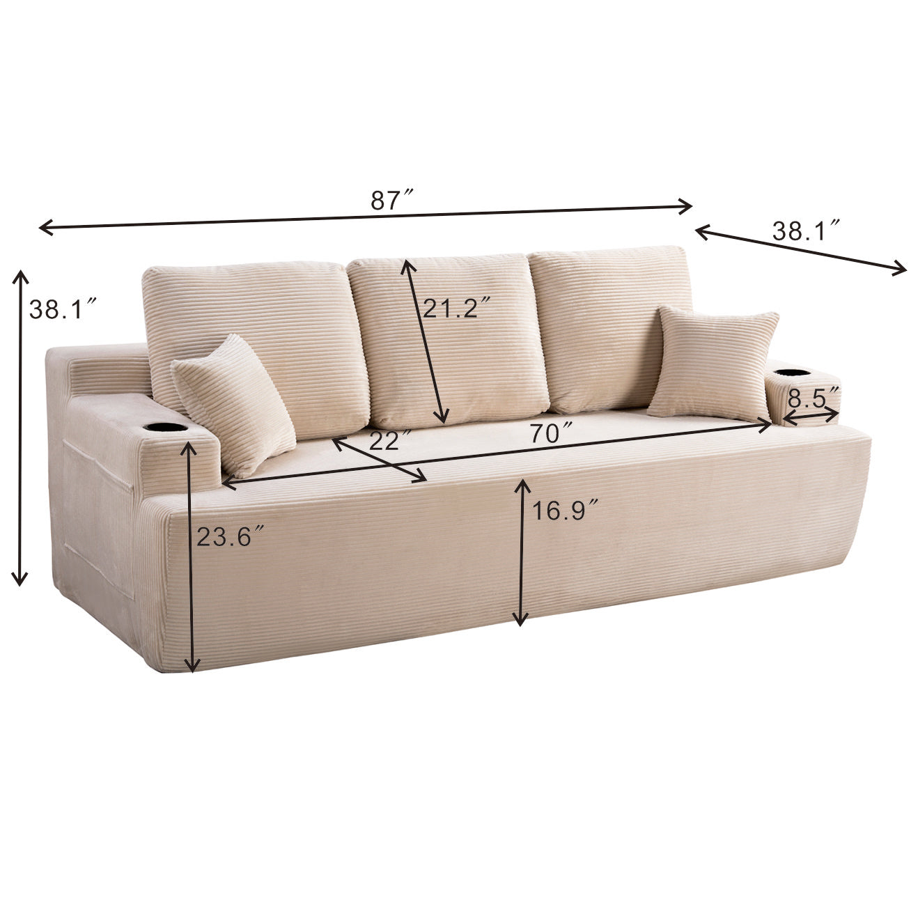 87 In 3-Seater Sofa For Living Room, Comfy Couches With Deep Seat,