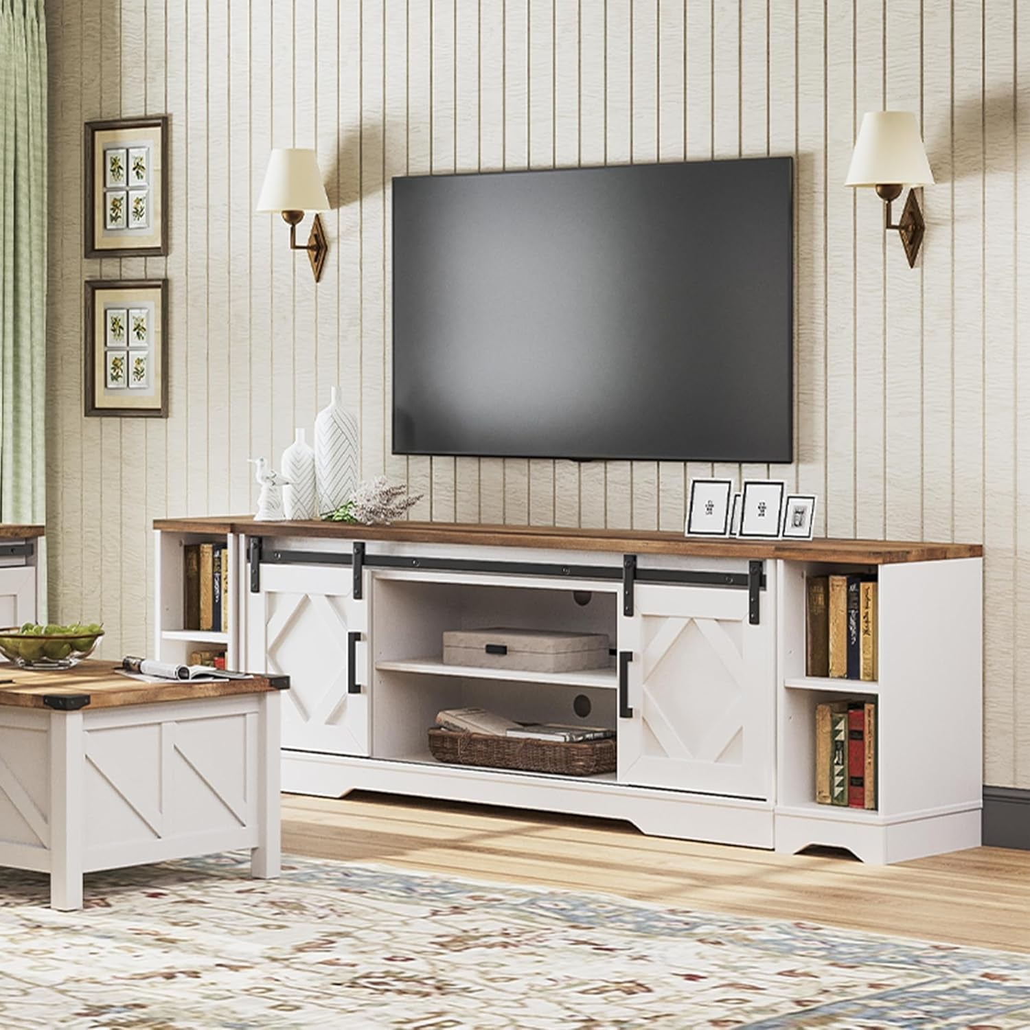 Modern Farmhouse 3 In 1 TV Stand For Up To 95 Inch TVs Wood