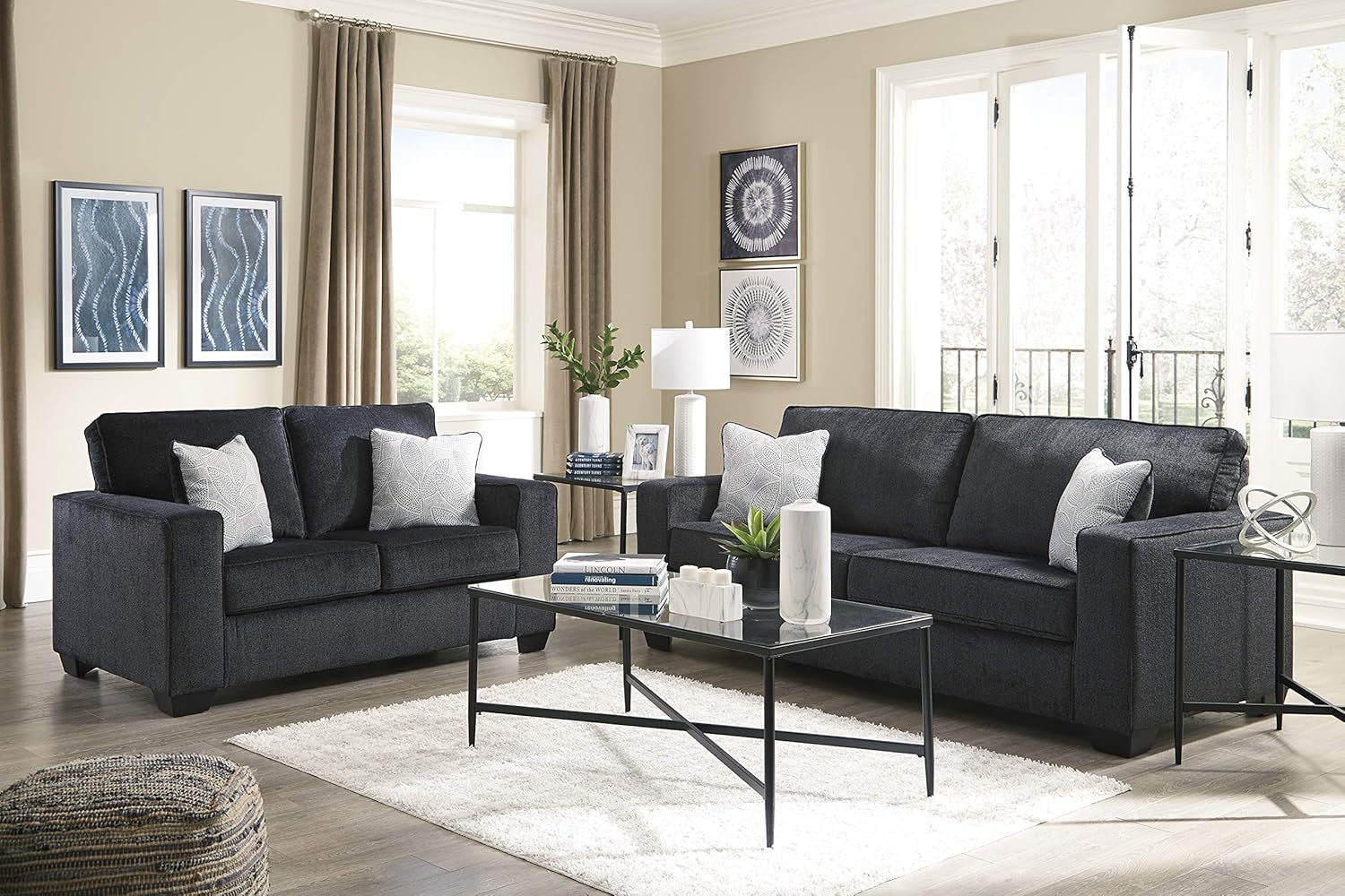 Dark Gray Modern Loveseat With Two Accent Pillows Included