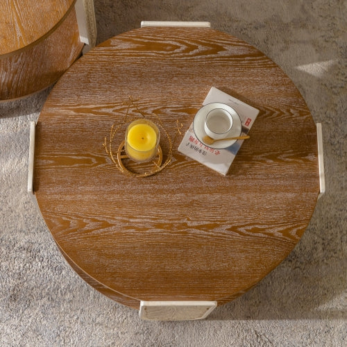 Carved Wooden Coffee Table, Retro End Table With Double-Layer Storage,