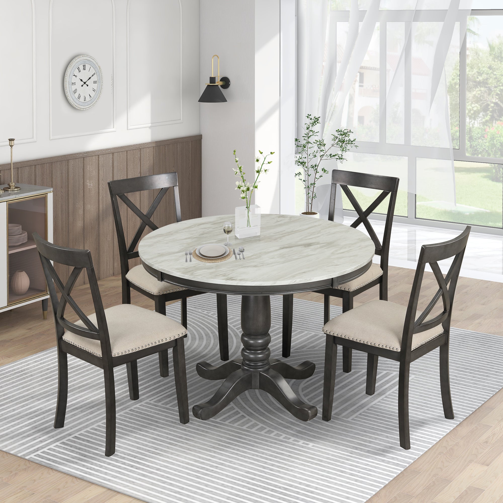 5 Pieces Dining Table and Chairs Set for 4 Persons, Kitchen Room Solid