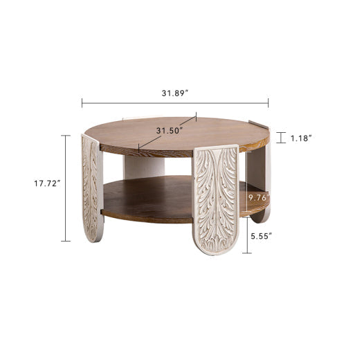 Carved Wooden Coffee Table, Retro End Table With Double-Layer Storage,
